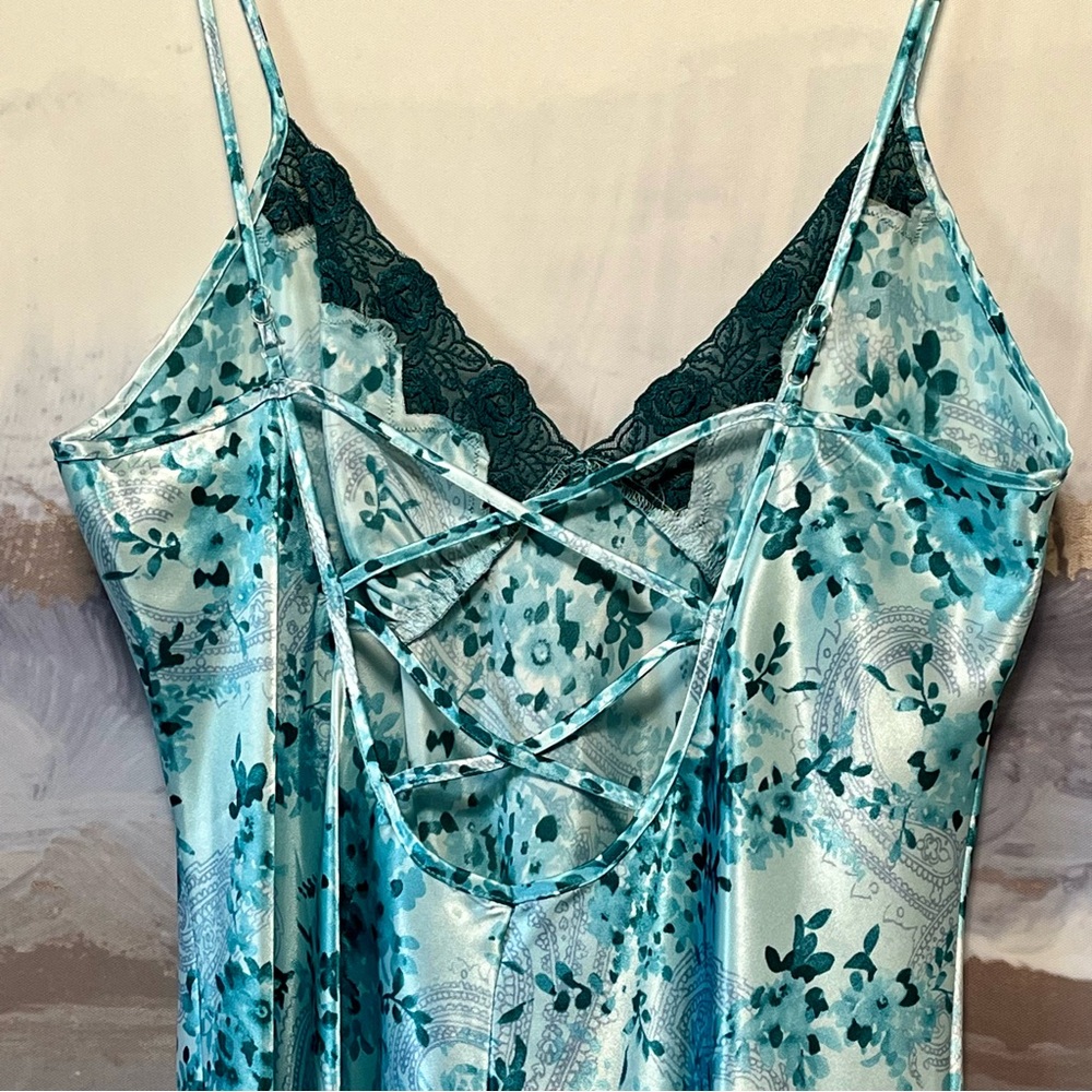 SECRET TREASURES Floral Slip Dress Lace Satin Chemise Antique Teal‎ Blue Size L - Picture 8 of 16